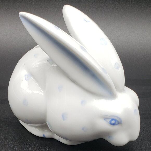 Abbott Collection Small White Porcelain Blue Spotted Rabbit Coin Bank w/Stopper - Picture 14 of 16